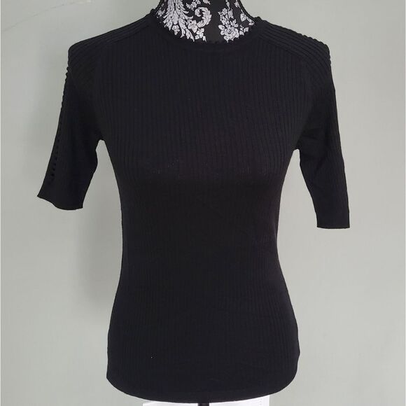 Carven Ribbed Wool Top with Ladderwork-BLACK-Small - Picture 2 of 7